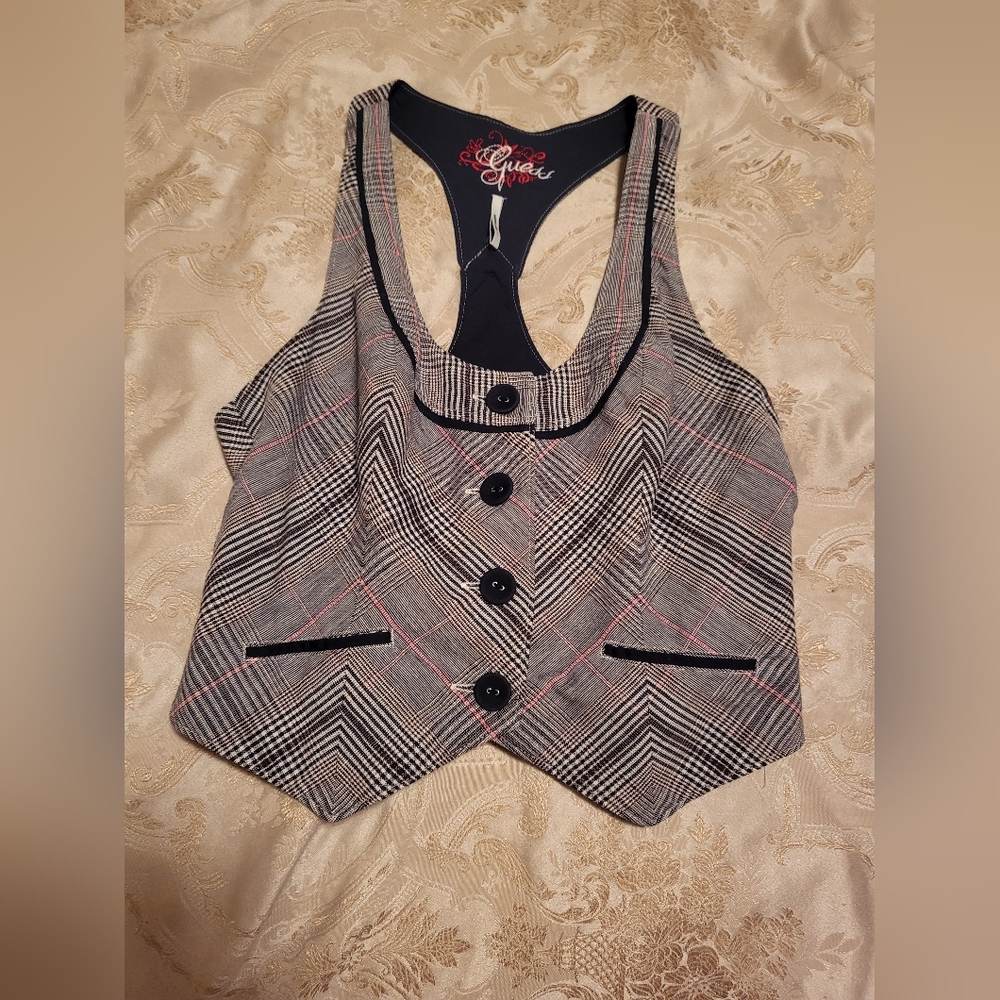 Grey Grunge Plaid Guess Vest